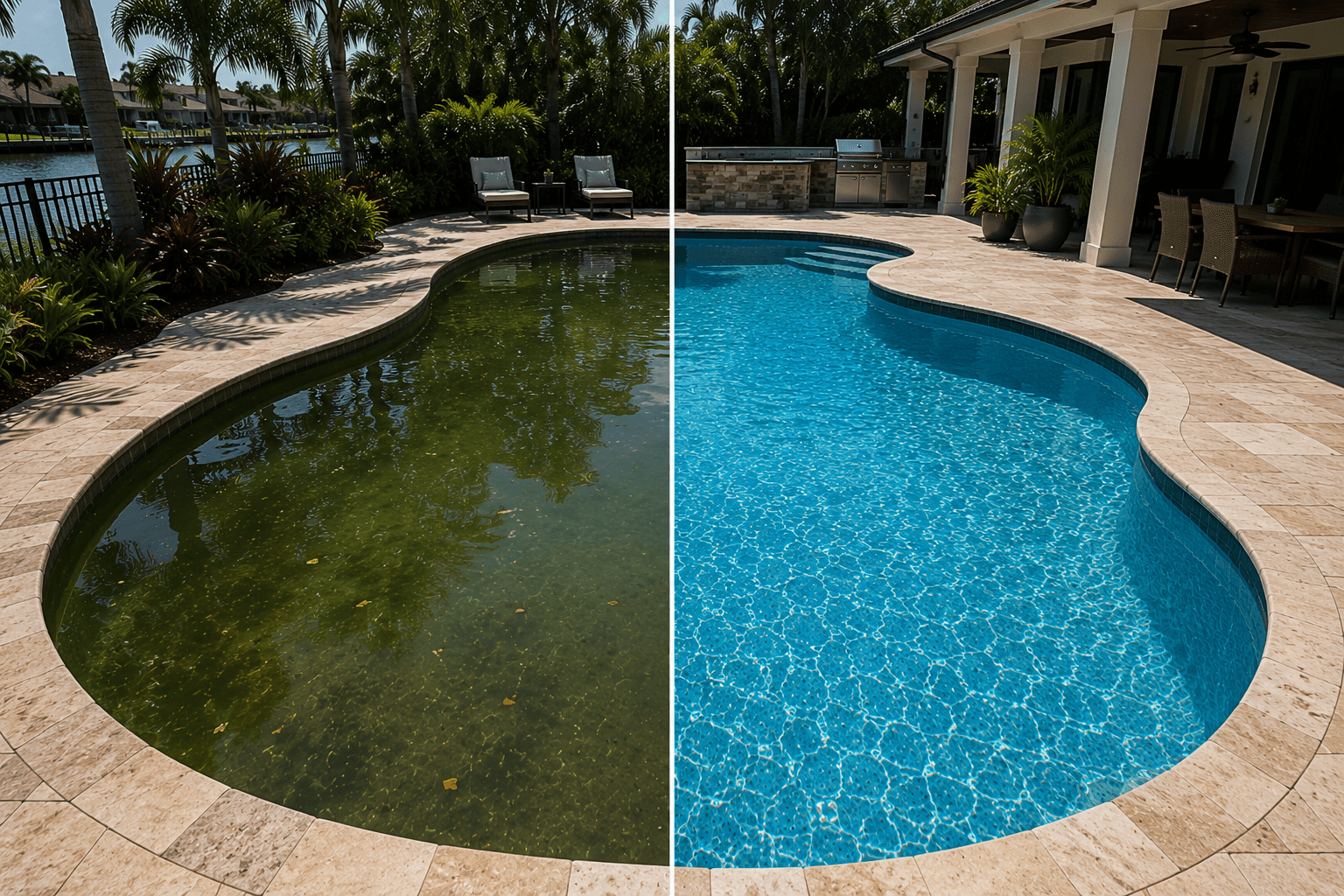 Green pool recovery before and after South Florida