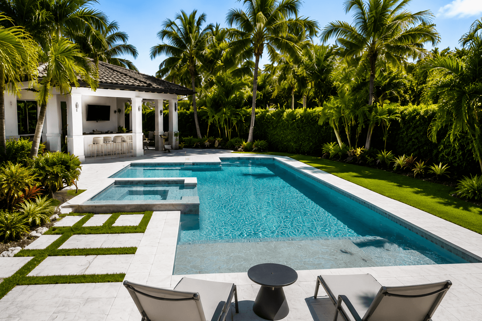Clear blue swimming pool surrounded by tropical landscaping and a sunlit patio