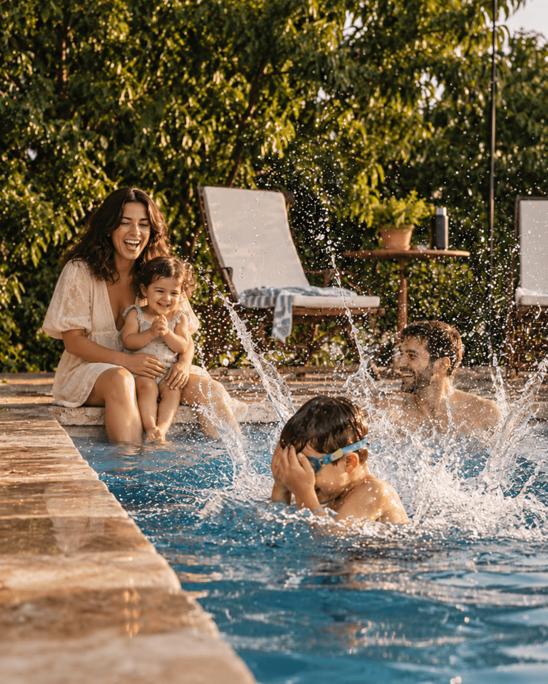 Family enjoying a sunny afternoon in a clear backyard swimming pool